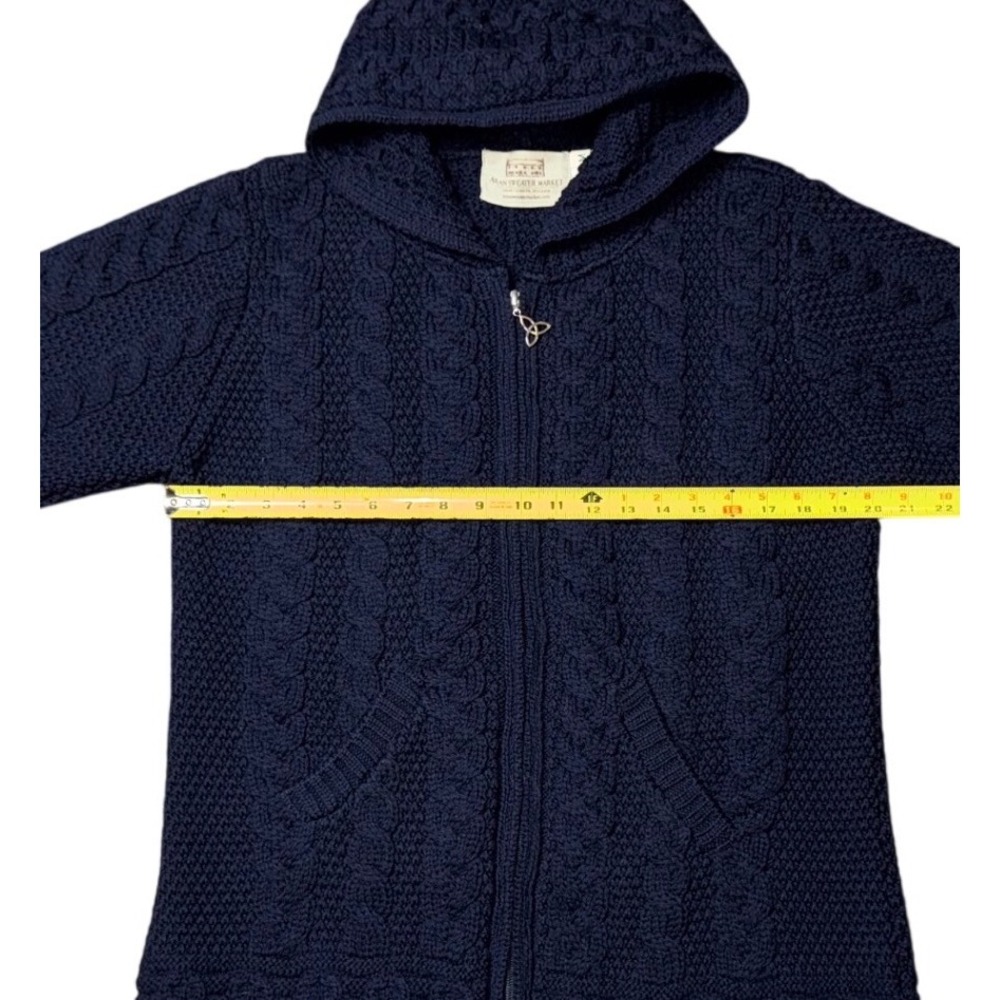 Aran Sweater Market Navy Blue 100% Merino Wool Hooded Zip Cardigan Ireland M - Picture 9 of 11